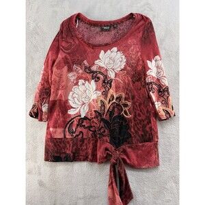 Onque Casual Blouse Top Womens Medium Floral Red 3/4 Sleeves Boho Casual